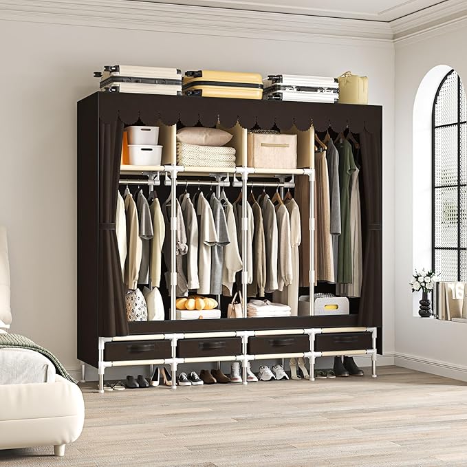 Portable Wardrobe with 4 Drawers, 4 Hanging Rods - 67" Tall Sweater Organizer, Sturdy Easy Temporary Bedroom Wardrobe Organizer, Brown