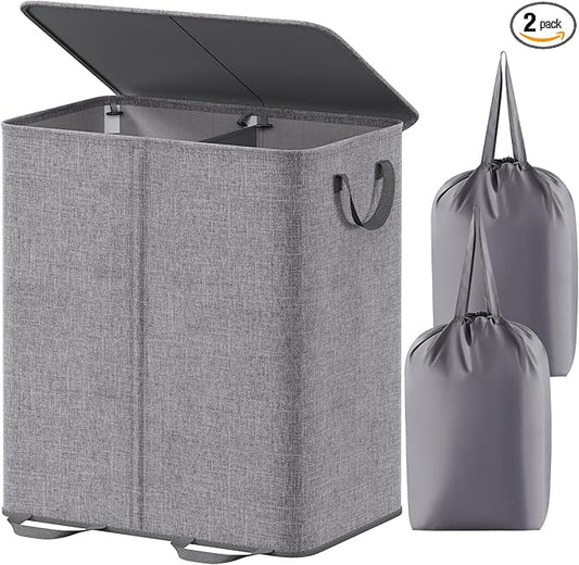Lifewit Double Laundry Hamper with Lid and Removable Laundry Bags, Large Collapsible 2 Dividers Dirty Clothes Basket with Handles for Bedroom, Laundry Room, Closet, Bathroom, College, 155L Grey