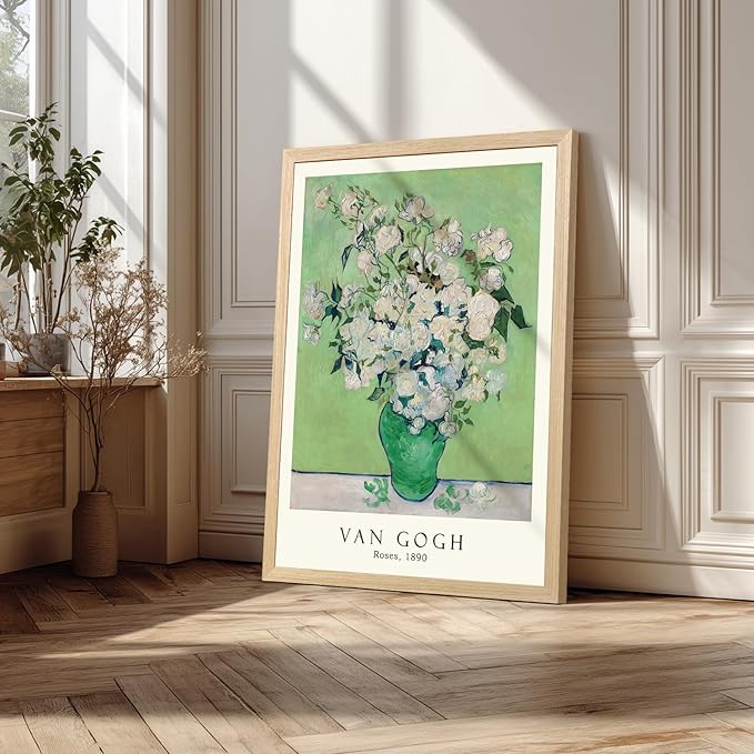 FASWQ Wood Framed Monet Van Gogh William Morris Wall Art, Grass Botanical Wall Decor, Mid Century Impressionist Canvas Paintings, Modern Green Landscape Poster Print for Living Room Bedroom 12"x16"x3
