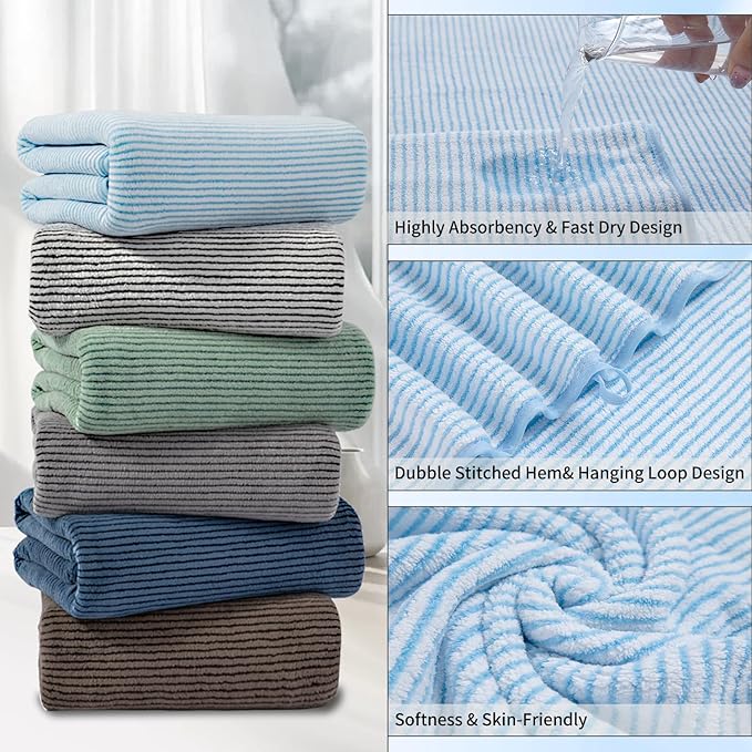 8-Piece Premium Towel Set for Bathroom|2 Oversized Large Bath Sheet,2 Hand Towels,4 Washcloths|Soft Cozy Highly Absorbent Fast Dry Microfiber Shower Towel Set for Hotel Bathroom Essentials,Blue White