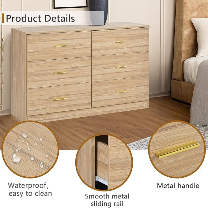 Dresser for Bedroom,Modern 6 Drawer Dresser with Deep Drawer and Gold Handle,Wood Chest of Drawer for Living Room,Hallway,Bedroom Storage Furniture