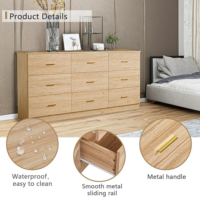 9 Drawer Dresser for Bedroom,63'' Long Dresser with Deep Drawer,Modern Wood Chest of Drawer, Bedroom Storage Furniture,TV Stand for Living Room