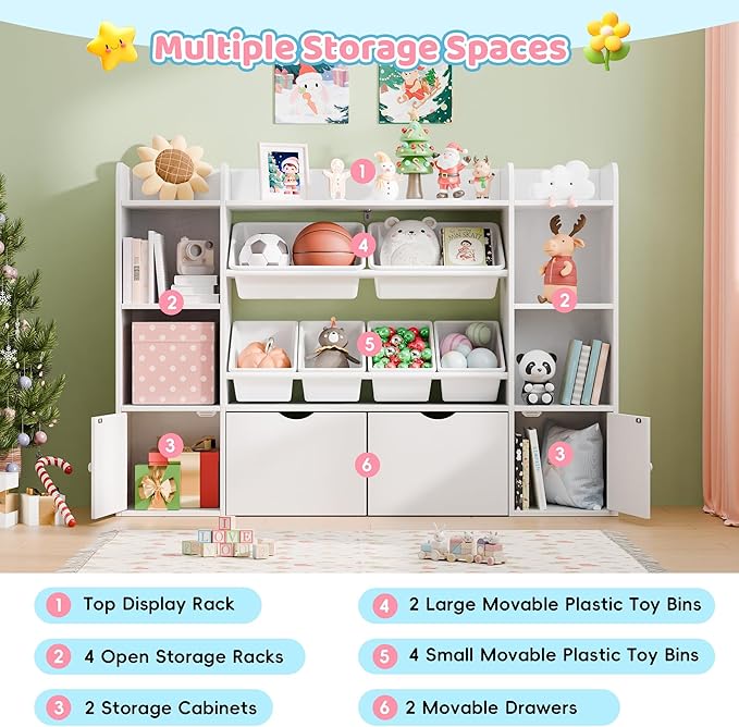 Xilingol Kids Toy Storage Organizer W/6 Removable Toy Bins, 4-Tier Toy Organizers W/6 Storage Cubbies and 2 Movable Drawers, Kid Bookshelf and Toy Storage for Playroom, Bedroom, Kids Room (White)