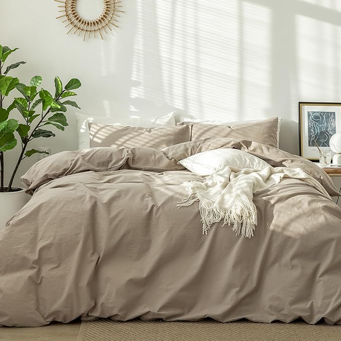 MooMee Bedding Duvet Cover Set 100% Washed Cotton Linen Like Textured Breathable Durable Soft Comfy (Solid Mocha Brown, Cal King 104"x98")