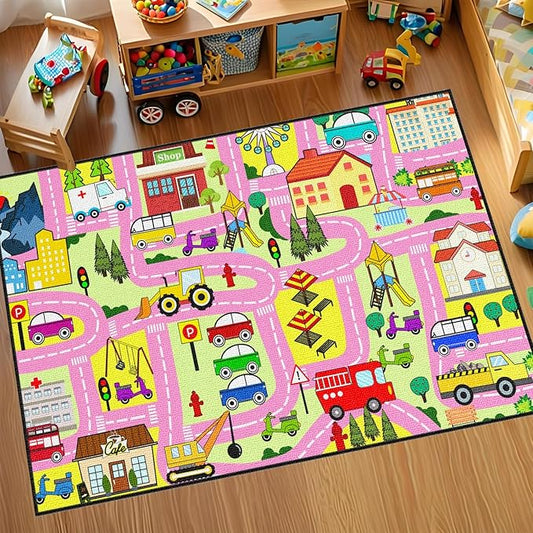 Car Rugs for Kids Toy Cars - Car Track Rug Car Carpet for Kids Rugs for Playroom City Life Road Rug for Girls Living Room Bedroom Playroom Classroom Decor, Pink, 2'5''×4'