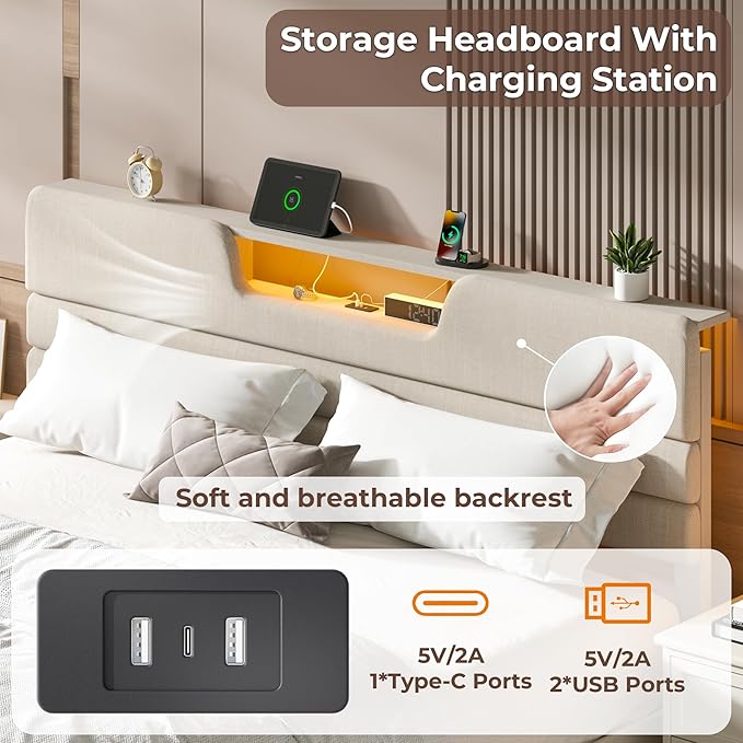 King Size Bed Frames with Upholstered Headboard, Modern Platform Bed with Charging Station and Led Lights, Bed Frame with Sturdy Wooden Slats/No Box Spring Needed/2-Tier Storage, Beige