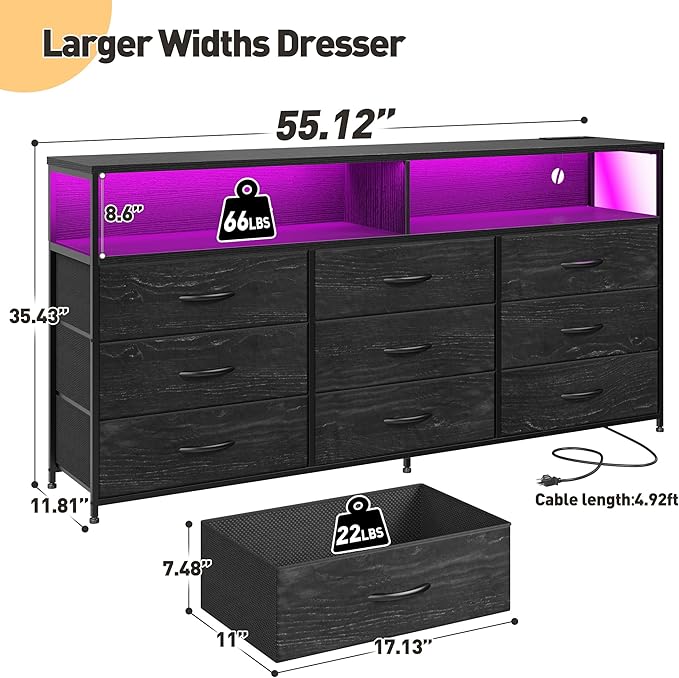 55” W Black Dresser for Bedroom with Charging Station & LED, 65" TV Stand for Bedroom with 9 Fabric Drawers, Sturdy Chest of Drawers with Open Storage Shelves for Closet, 55.12" Wx11.81 Dx35.43 H