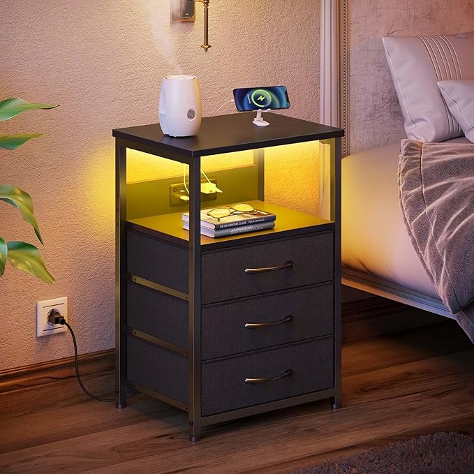 Seventable Nightstand with Charging Station and LED Light, Side Table with 3 Fabric Drawers, Bedside End Table with USB Ports and Outlets, Night Stand for Bedroom, Black