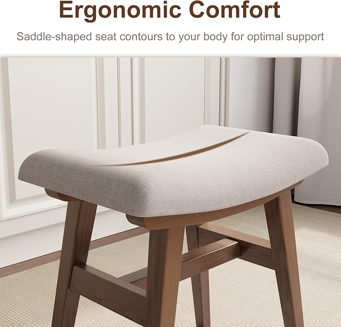 Solid Wood Small Vanity Stool, Compact Makeup Chair with Saddle Cushion, Linen-Covered High Rebound Sponge Seat, Easy Assembly Footstool, Modern Ottoman for Bedroom, Entryway, Home, Walnut