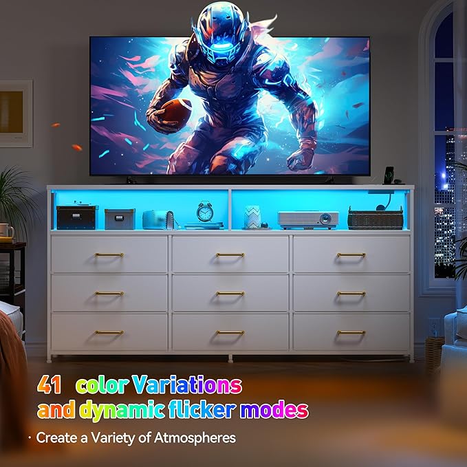 55” W White Dresser for Bedroom with Charging Station & LED, 65" TV Stand for Bedroom with 9 Fabric Drawers, Sturdy Chest of Drawers with Open Storage Shelves for Closet, 55.12" Wx11.81 Dx35.43 H