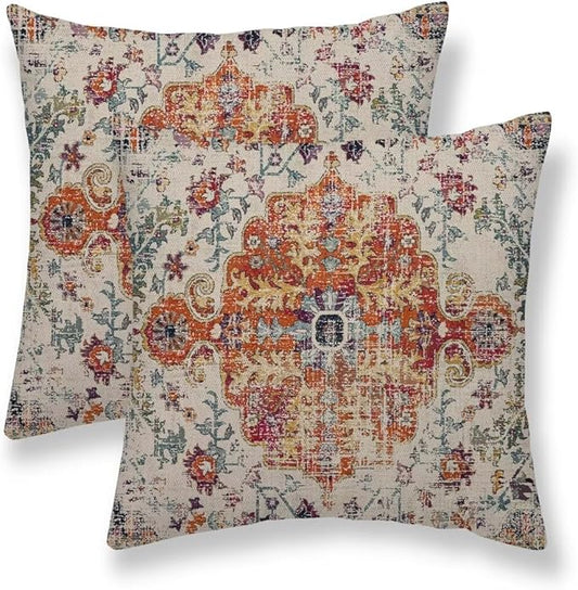 Blue Burnt Orange Boho Throw Pillow Covers 16x16 Set of 2, Farmhouse Carpet Ethnic Decorative Pillow Covers Bohemian Rustic Cushion Cases Linen Gifts for Couch Sofa Indoor Outdoor