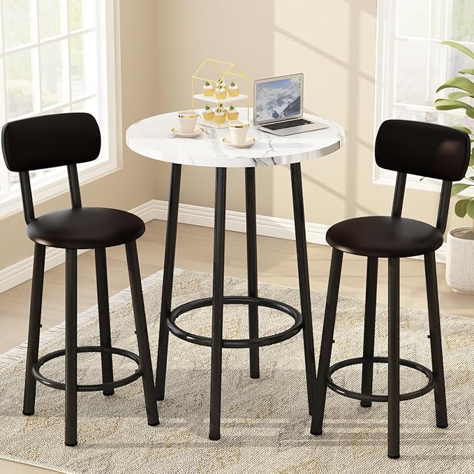 Dining Table Set, 23.6" Round Faux Marble Table with 2 PU Upholstered Backrest Chairs, 3-Piece Kitchen Dining Room Set for Small Spaces, Kitchen, Restaurant Furniture, White