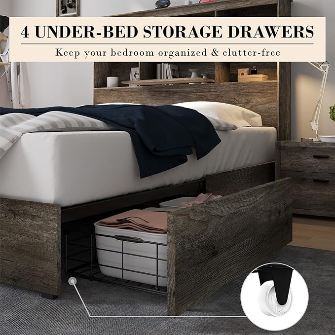 AMERLIFE King Size Bed Frame Wooden Platform Bed with 51.2" Storage LED Bookcase Headboard, 4 Storage Drawers & Charging Station/No Box Spring Needed/Noise Free/Rustic Grey