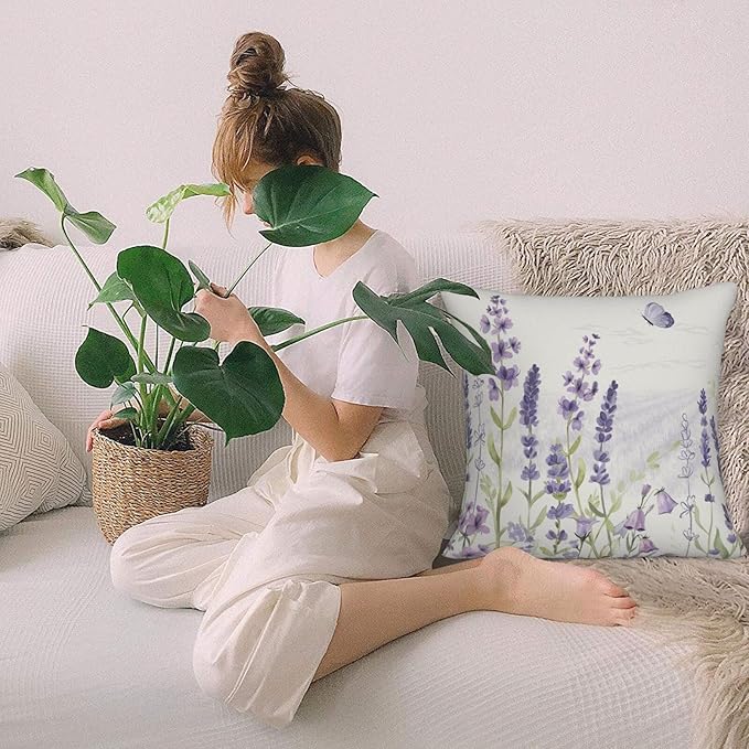 Spring Lavender Pillow Cover 22x22 Inch Set of 2 Purple Flowers Throw Pillow Covers Summer Watercolor Floral Decorations Linen Cushion Covers Farmhouse Home Decor for Sofa Couch Outdoor