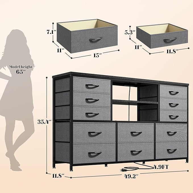 Dresser for Bedroom with LED Lights & Power Outlets 12 Drawers Dresser TV Stand for 60''TV Fabric Dressers & Chest of Drawers, Sturdy Metal Frame, Closet, Living Room, Grey, 49.2''W*11.8''D*35.4''H