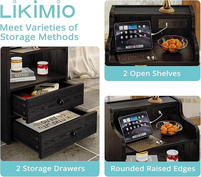 LIKIMIO Black Nightstand with LED Charging Station 2 Drawers and Storage Shelves, Left and Right Interchangeable Sockets Bed Side Table Night Stand with Drawer
