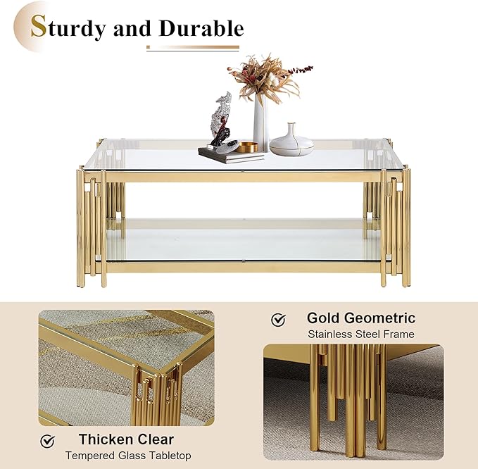 Goujxcy Glass Coffee Table and End Table Set of 3, Luxury Coffee Table Set with Tempered Glass & Gold Stainless Steel Legs, 3 Piece Living Room Table Set for Bedroom Home Office