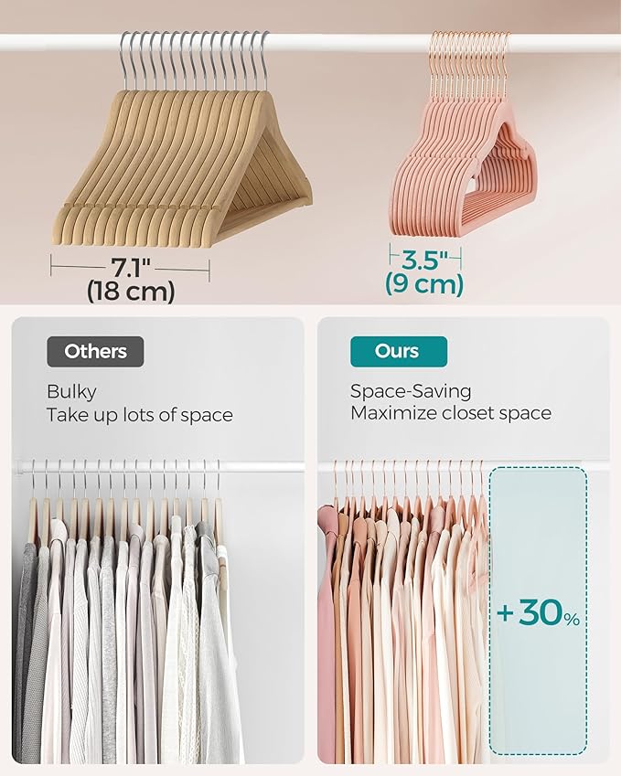 SONGMICS Velvet Hangers 100 Pack, Non-Slip Clothes, Suit With Shoulder Notches, Pants Bar, 360 Swivel Hook, Space-Saving, for Closet, Jelly Pink UCRF029R100