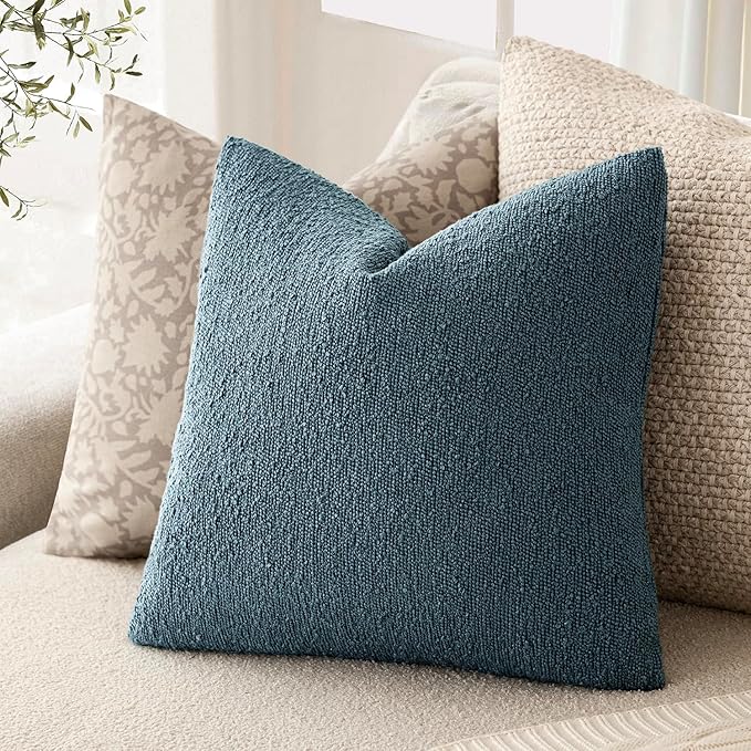 Foindtower Pack of 2, Decorative Textured Boucle Throw Pillow Covers Accent Solid Pillow Cases Soft Cozy Couch Cushion Case for Chair Sofa Bedroom Living Room Home Decor 16x16 Inch Misty Blue