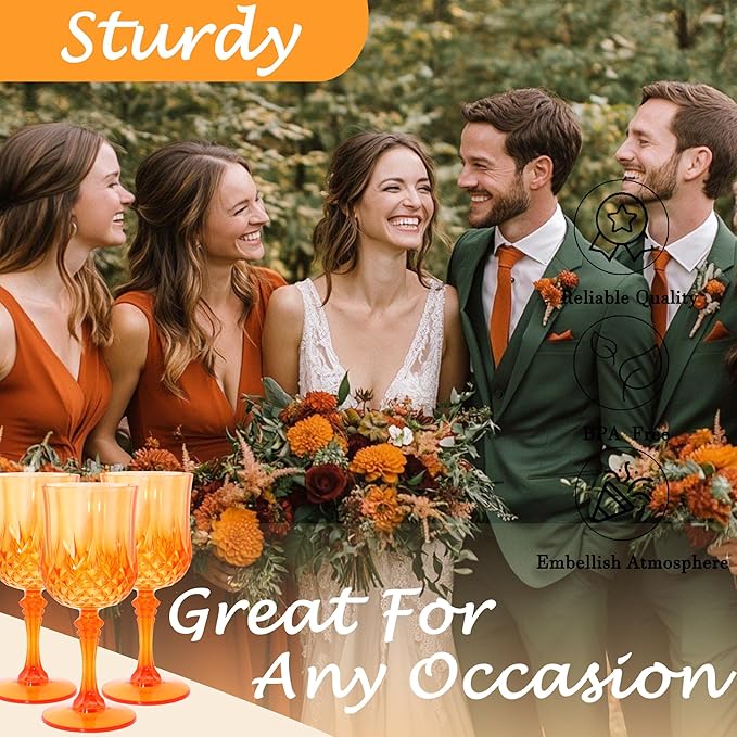 Plastic Wine Glasses，Plastic Goblets Vintage Style Cordial Drinking Glasses for Wedding Reception, Grand Event Party Supplies (48, Pumpkin orange)
