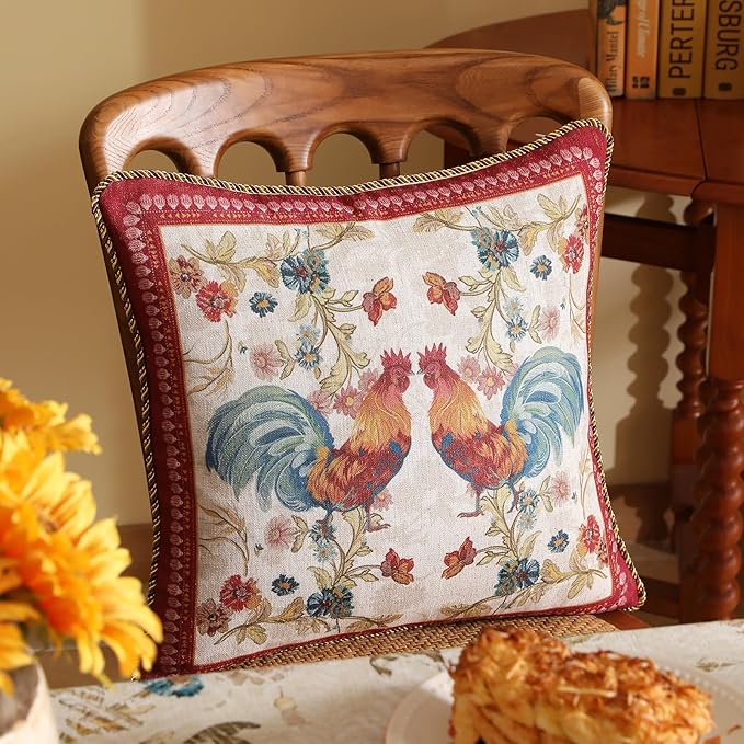 patdrea Designer Pack of 2 Square Throw Pillow Covers,Farmhouse Red Linen with Animals and Floral Pattern Pillows Cover,Decorative Pillowcases Cushion for Bed Living Room Outdoor Car,18"x18"