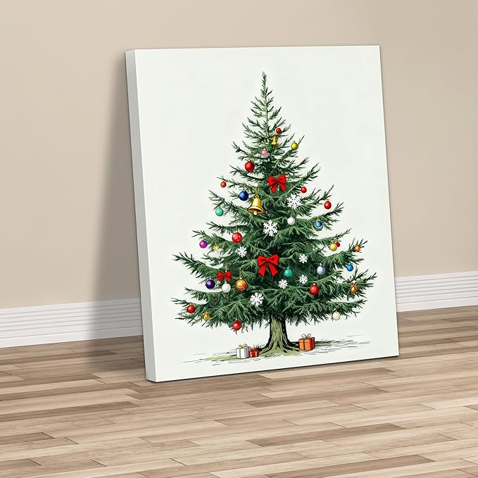 Framed Christmas Pictures Wall Decor,Vintage Pine Tree Prints,Winter Christmas Canvas Wall Art Decoration for Bedroom Bathroom Living Room Rustic Xmas Holiday Gifts (Christmas Tree 8, 16'' X 24'')