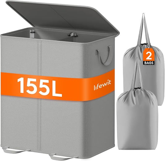 Lifewit Double Laundry Hamper with Lid and Removable Laundry Bags, Large Collapsible 2 Dividers Dirty Clothes Basket with Handles for Bedroom, Laundry Room, Closet, Bathroom, College, 155L Silver Gray