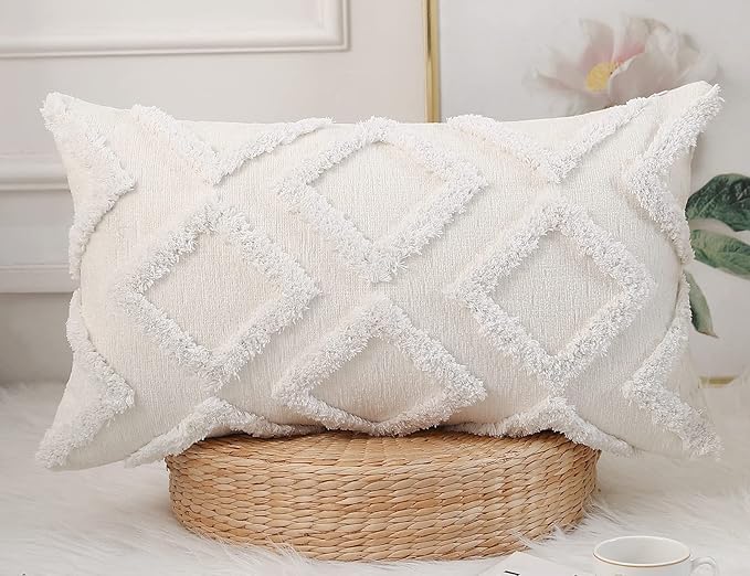 Diamond Pattern Long Pillow Covers 16 x 26,Plush Chenille Decorative Long Lumbar Pillow Covers Pillow Case Cushion Case for Sofa Couch Bed Livingroom Farmhouse,Modern Boho,Cream White