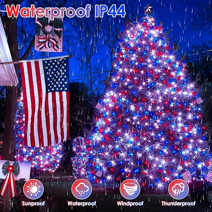 KAQ Connectable 240LED Red White & Blue String Lights Outdoor/Indoor, Extendable Plug in Twinkle Fairy Lights Waterproof with 8 Modes&Timer Function for Garden Bedroom Tree Christmas Decorations