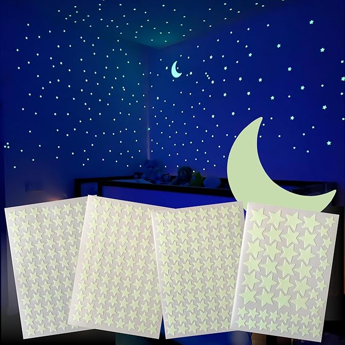 Glow in The Dark Stars and Moon, Realistic No Dots No Squares Set. Star Shaped Stickers and Moon, Luminous Adhesives for Room, Wall, Bedroom, Light up Your Ceiling and Living Room
