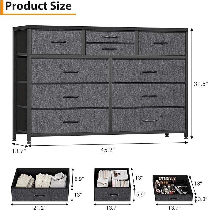 Jojoka Wide 10 Drawer Dresser,TV Stand Entertainment Center Fabric Storage Dressers Drawers for Bedroom, Hallway, Nursery, Closets, Steel Frame, Wood Top, Black_1