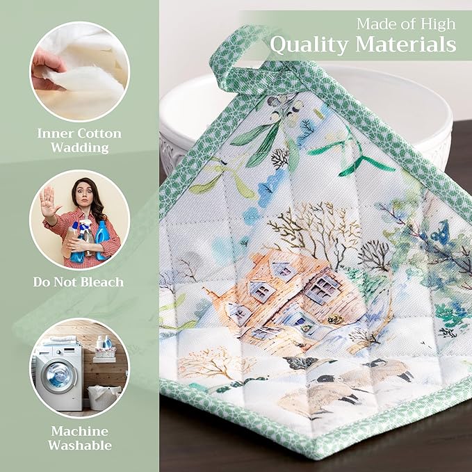 Maison d' Hermine Pot Holders 100% Cotton Heat Resistant Potholders 8" x 8" Hot Pads with Loop for Thanksgiving Christmas Decorations BBQ Cooking Baking Handling Hot Pans (Pack of 1, Snowy World)