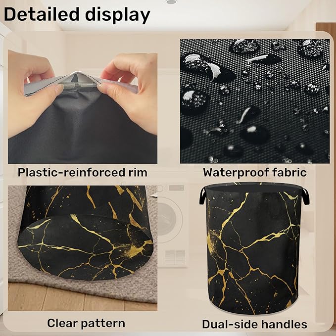 Black Marble Foldable Laundry Hamper - Waterproof Fabric Storage Basket with Handles, Clothes Hampers for Laundry,Bedroom,Dorm