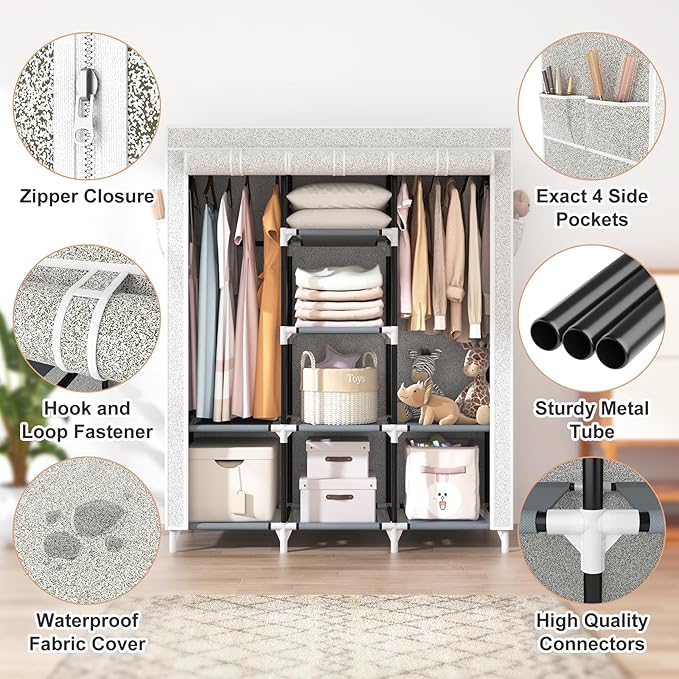 VTRIN Portable Closet Wardrobe for Hanging Clothes with 2 Hanging Rods and 8 Storage Organizer Shelves,Free Standing Clothes Rack with Cover Sturdy Large Wardrobe Closet for Bedroom,Printing