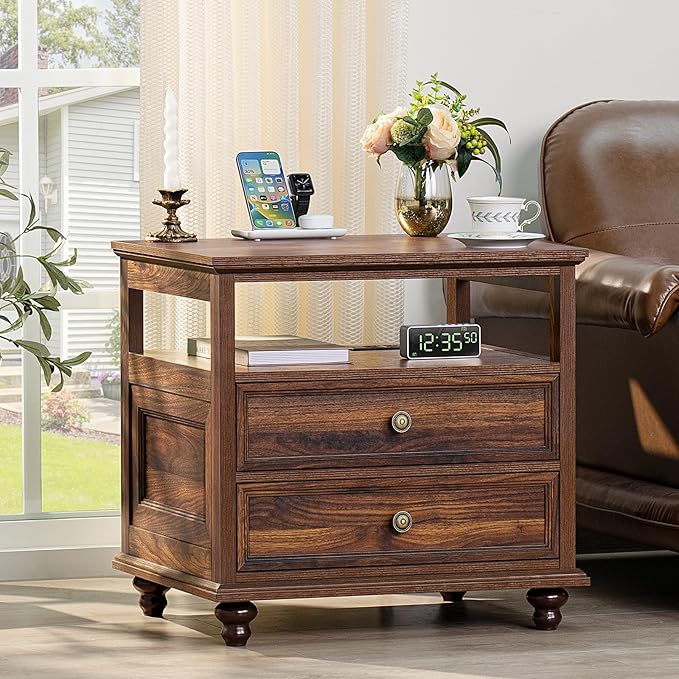 Farmhouse Nightstand with Charging Station, 24" Wide End Table with 2 Drawers,Brown Dresser for Bedroom, Bed Side Table Chest of Drawers Cabinet,Wood Night Stand for Living Room, Closet