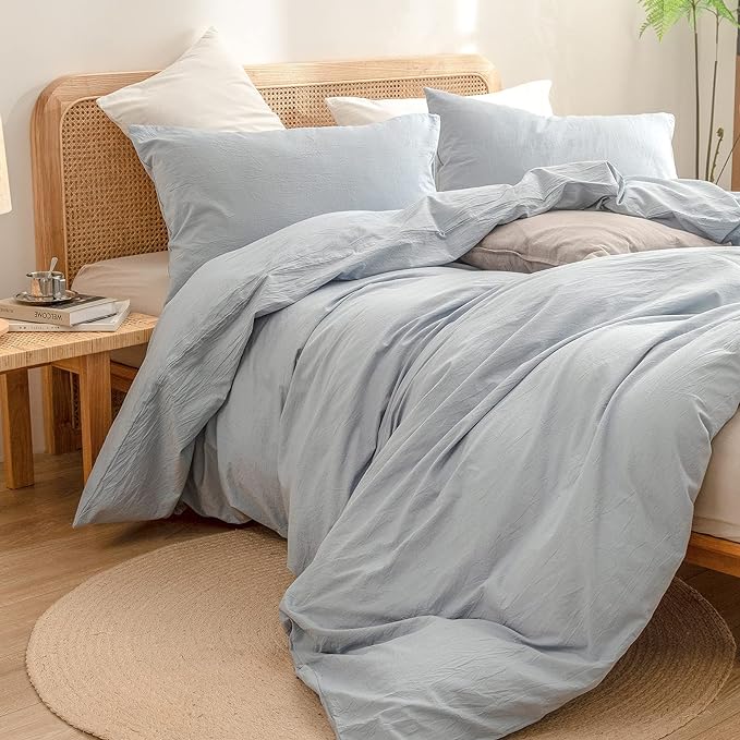 BESTOUCH Duvet Cover Set 100% Washed Cotton Linen Feel Super Soft Comfortable Chic Lightweight 2 PCs Home Bedding Set Solid Cornflower Blue Twin/Twin XL