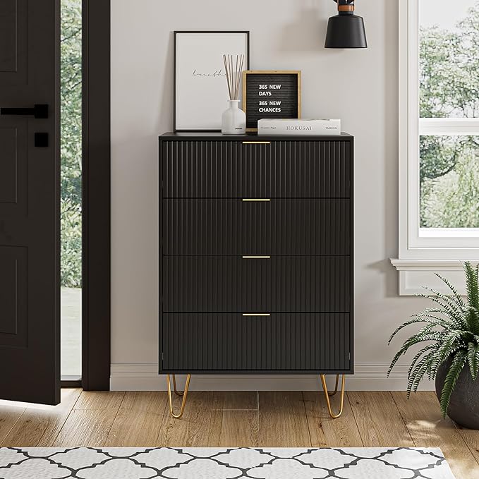 Masupu 4 Drawer Dresser, Drawer Chest, Tall Storage Chest Cabinet Organizer Unit with Metal Legs, Small Dresser for Bedroom, Living Room, Closet, Hallway Black Stripe
