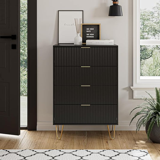 Masupu 4 Drawer Dresser, Drawer Chest, Tall Storage Chest Cabinet Organizer Unit with Metal Legs, Small Dresser for Bedroom, Living Room, Closet, Hallway Black Stripe