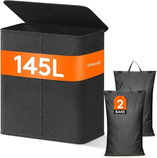 Lifewit Triple Laundry Hamper with Lid and Removable Laundry Bags, Large Collapsible 3 Dividers Dirty Clothes Basket with Handles for Bedroom, Laundry Room, Closet, Bathroom, College, 160L Dark Gray