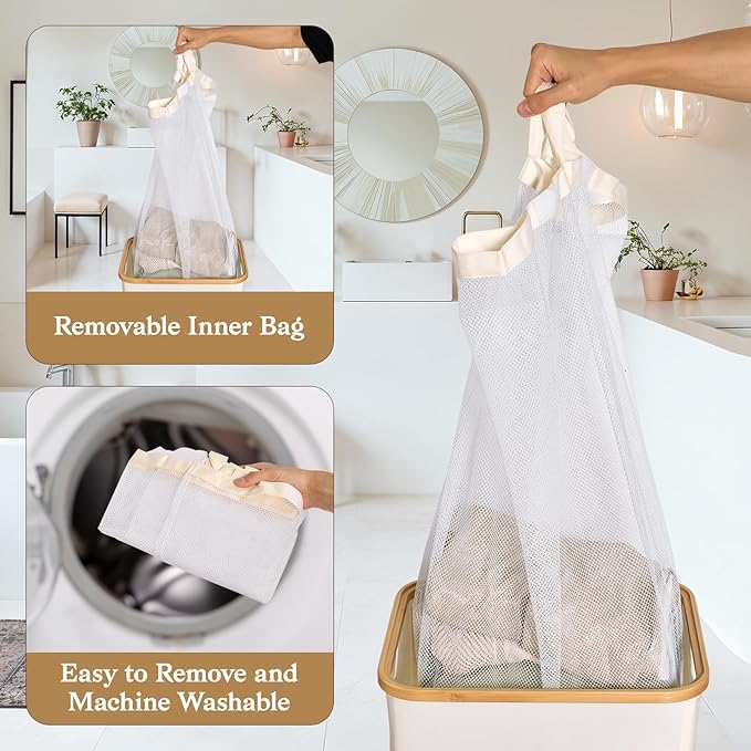 Laundry Basket with Lid, Narrow Laundry Hamper with Removable Bag, Travel Dirty Clothes Basket with Bamboo Handles for Bathroom, Bedroom & Laundry Room, 75L Beige