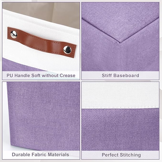 13x13 Cube Storage Bins, Collapsible Fabric Storage Box, 4 Pack Closet Baskets with Handles for Organizing, Shelf, Toys, Clothes, Home, Office, Nursery (Purple&White)