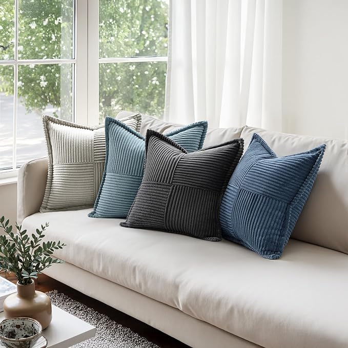 MIULEE Decorative Euro Sham Throw Pillow Covers for Couch Bed Livingroom 26x26 Inch Set of 2 Blue Boho Accent Throw Pllows Broadside Striped Patchwork Soft Corduroy Summer Coastal Pillowcases