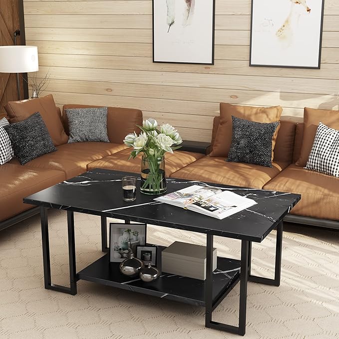 AWQM Marble Coffee Table, Faux Marble Top Rectangular Coffee Table with Black Metal Frame, 2 Tier Living Room Table for Living Room, Office, Balcony, Black, 40 Inch (GJ09)