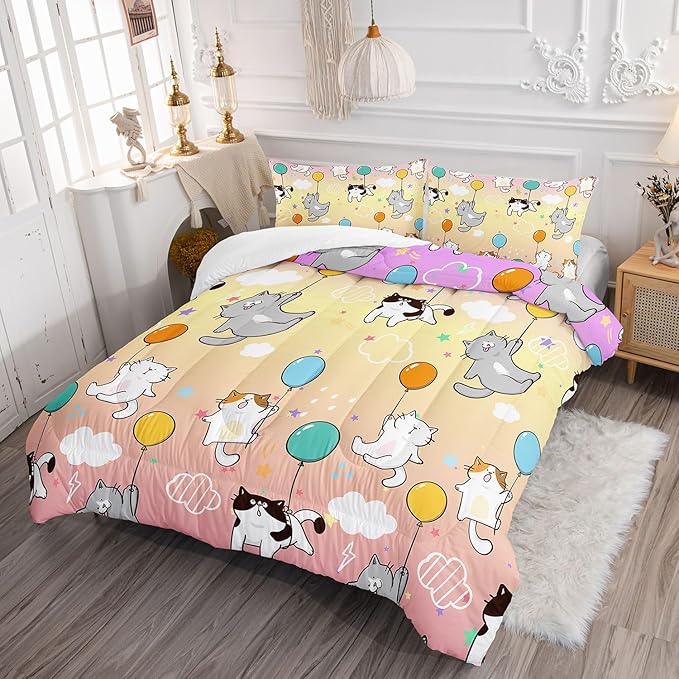Kids Comforter Set Cute Cats Printed Pattern Bedding Set with 1 Comforter and 2 Pillowcases for Girls Boys Bedroom All Season(Cat1 Full)
