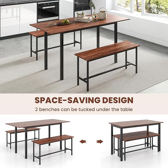 Giantex 3-Piece Dining Table Set for 4-8, 63” Extendable Dining Table with 2 Benches, Metal Frame, Dinette Table Set for Dinner, Breakfast Nook, Kitchen, Living Room, Restaurant, Walnut