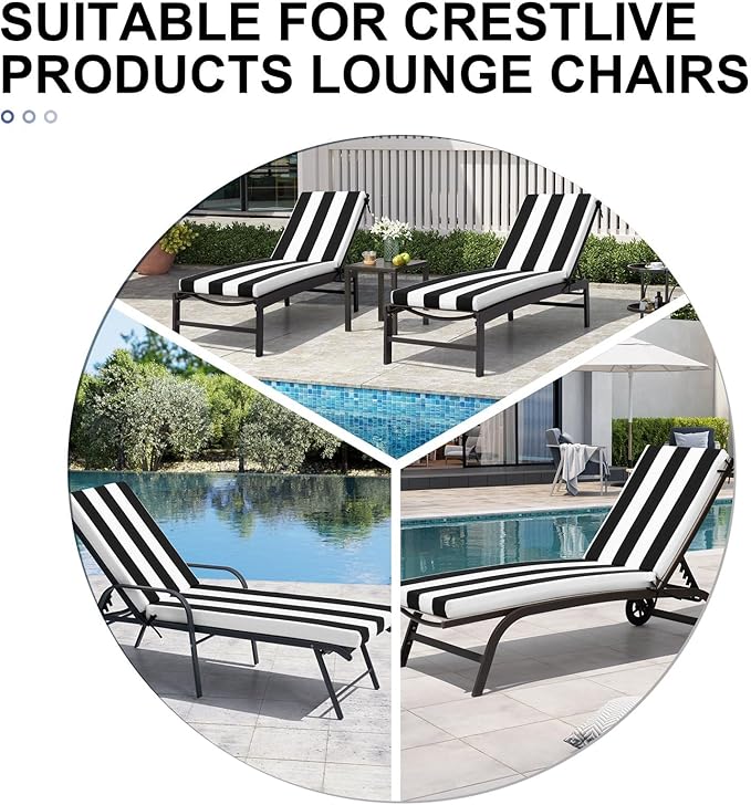 Crestlive Products Chaise Lounge Cushions Set of 2, Outdoor Cushions for Patio Furniture, Water Resistant Lounge Chair Cushion for Pool, Deck, Lawn, 80''L x 21''W, Black White Stripe
