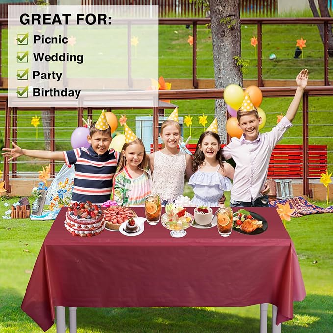 Craft And Party, 54 in x 100 feet Plastic Table Cover Roll for Party, Banquet, Picnic, Kids Activities for Any Size and Shape Table (Burgundy, 54" x 100ft)