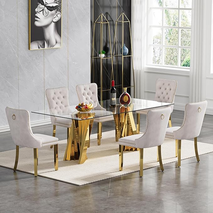 Goujxcy 70" Glass Dining Table Set for 6, Modern Gold Dining Table Set with 6 Beige Velvet Upholstered Dining Chairs, 7 Piece Kitchen Dining Room Table Set with Stainless Steel Legs