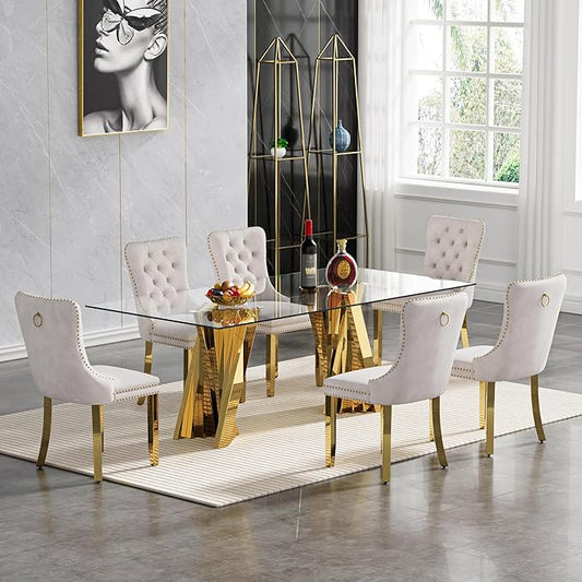 Goujxcy 70" Glass Dining Table Set for 6, Modern Gold Dining Table Set with 6 Beige Velvet Upholstered Dining Chairs, 7 Piece Kitchen Dining Room Table Set with Stainless Steel Legs