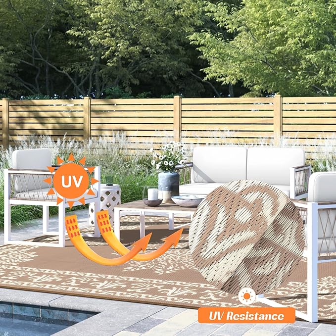 Yamaziot Outdoor Rug 5x8 Ft, Waterproof Plastic Straw Patio Rug, Reversible Backyard Carpet UV Resistant Portable RV Mat Clearance, Large Indoor Outdoor Rug for Patio, Porch, Deck, Balcony, Brown